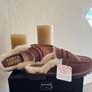 Taryn Rose Chestnut Suede Fur-Lined Mules.